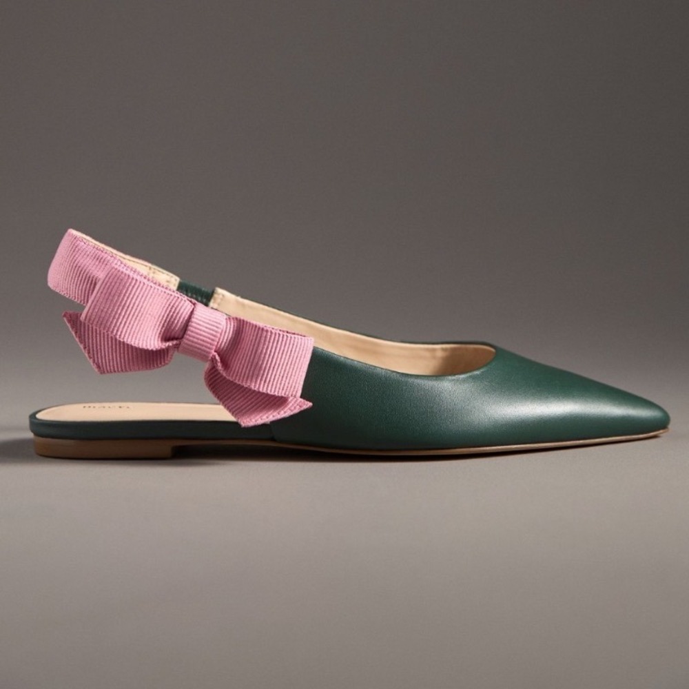 NWT Maeve Side-Bow Slingback Pointed Toe Flats 8 Green Leather Pink Bow Ballet - Picture 2 of 12